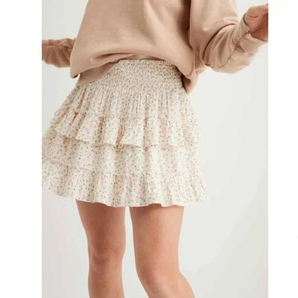 Aerie Womens Size Xsmall Tier Peach Print Over Mini Skirt